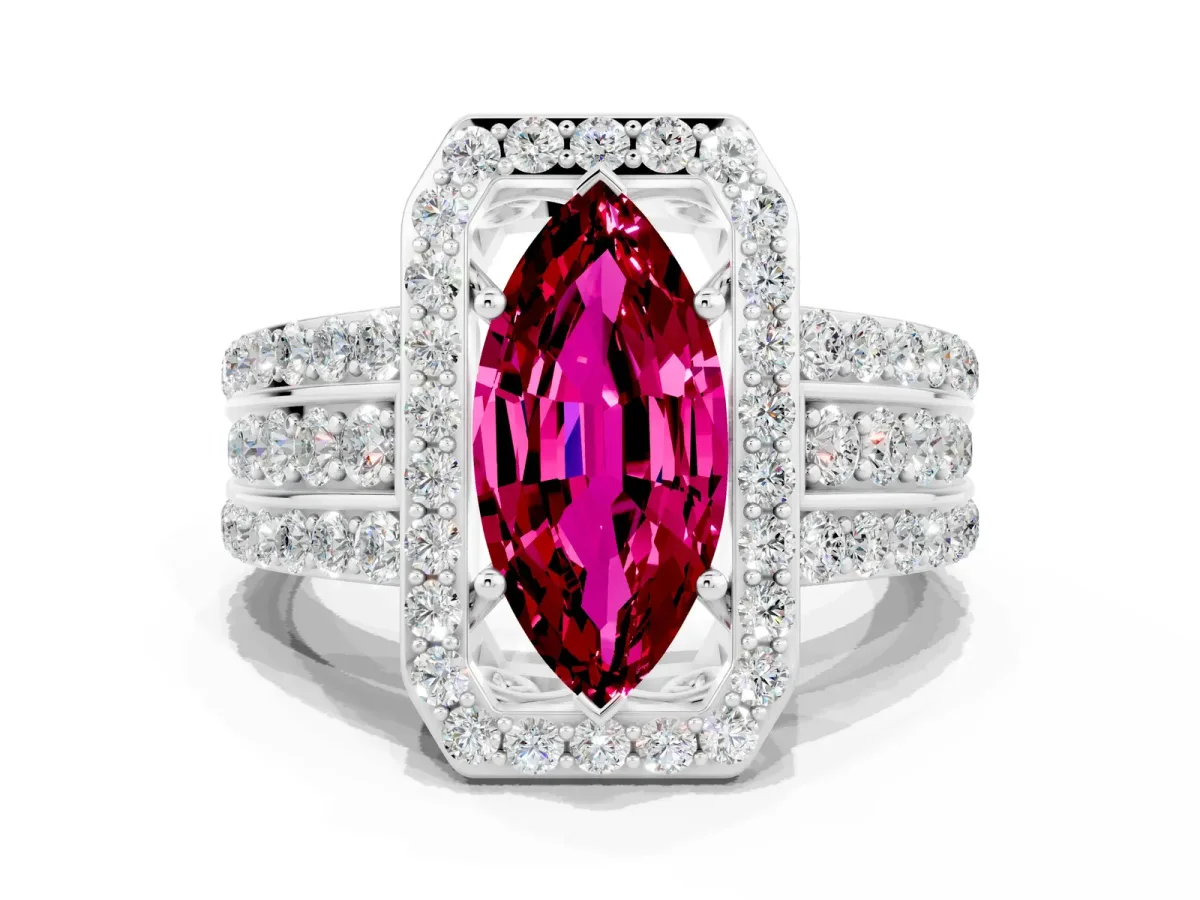 Marquise Cut Halo Garnet Ring with Round Split Shank and Prong Setting Platinum