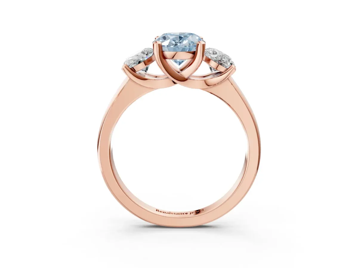 Fancy Blue Three-Stone Oval Cut Cut Solitaire Ring with Classic Prong Setting Rose gold
