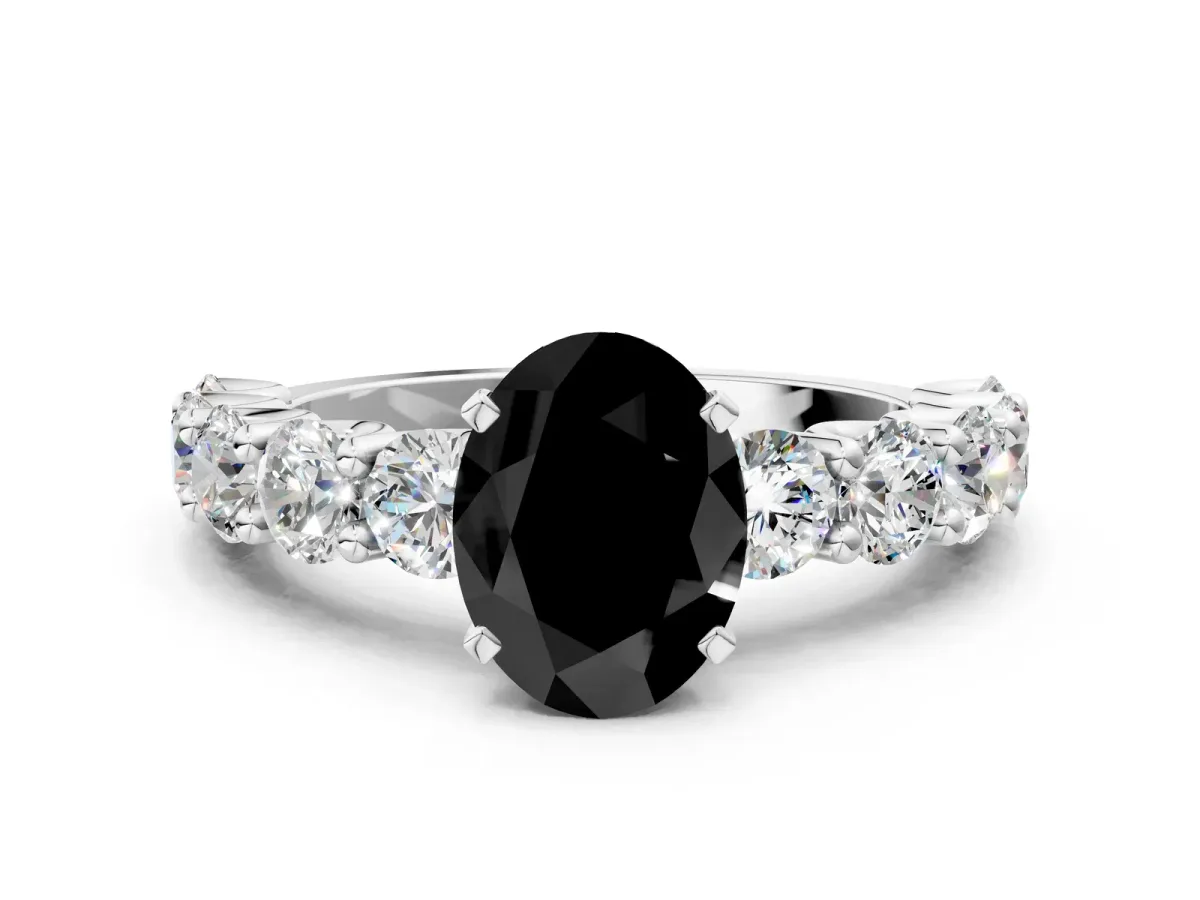 Fancy Black Oval Cut Diamond Prong Setting with Side Stones on a Pave Band Silver