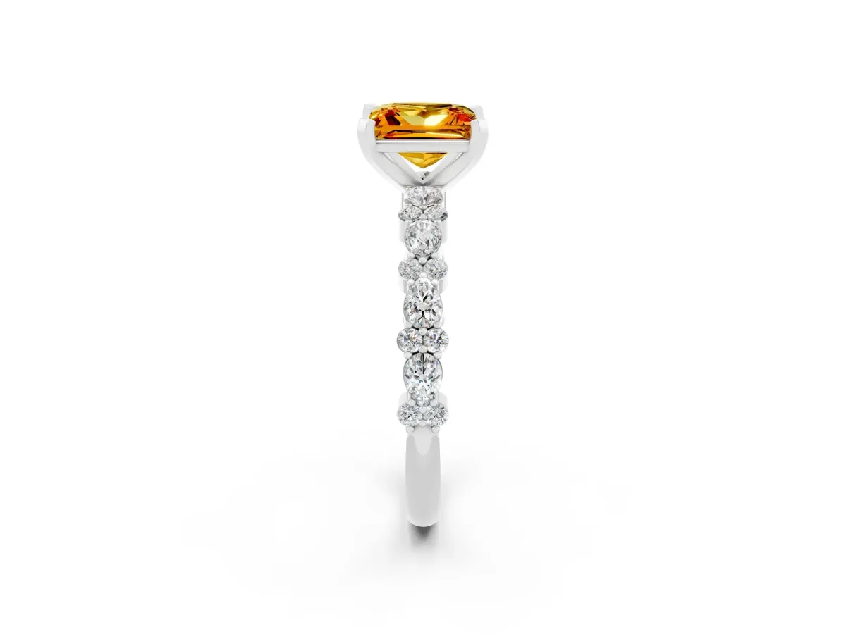 Princess Cut Citrine Side Stone Solitaire Ring with Round and Four-Prong Setting Platinum