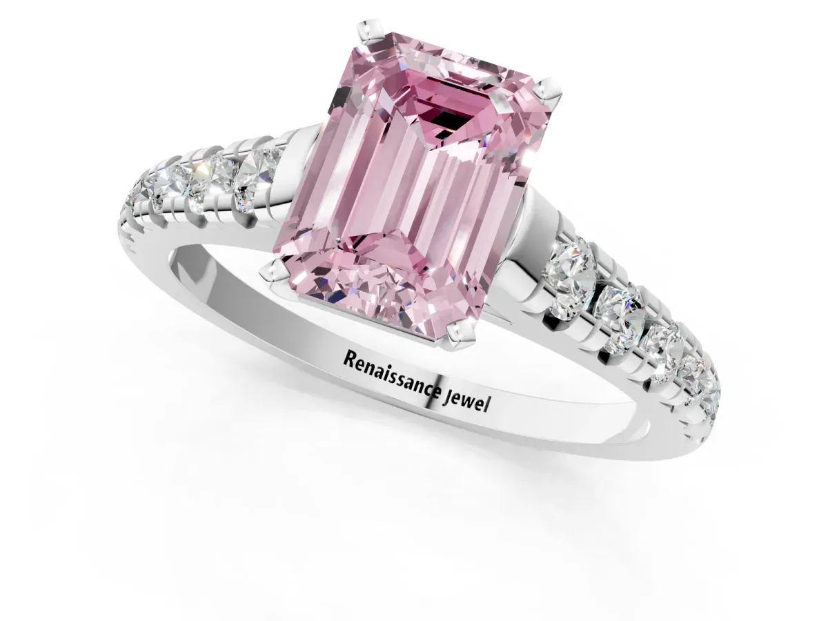 Fancy Pink Emerald Cut Diamond Cathedral Solitaire Ring with Round Pavé Band Silver