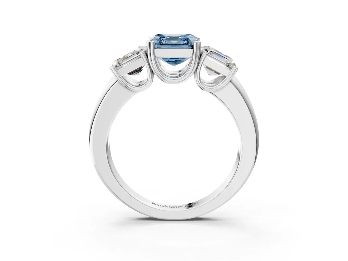 Fancy Blue Three-Stone Asscher Cut Cut Diamond Ring with Channel Set Band and Four-Prong Setting Silver