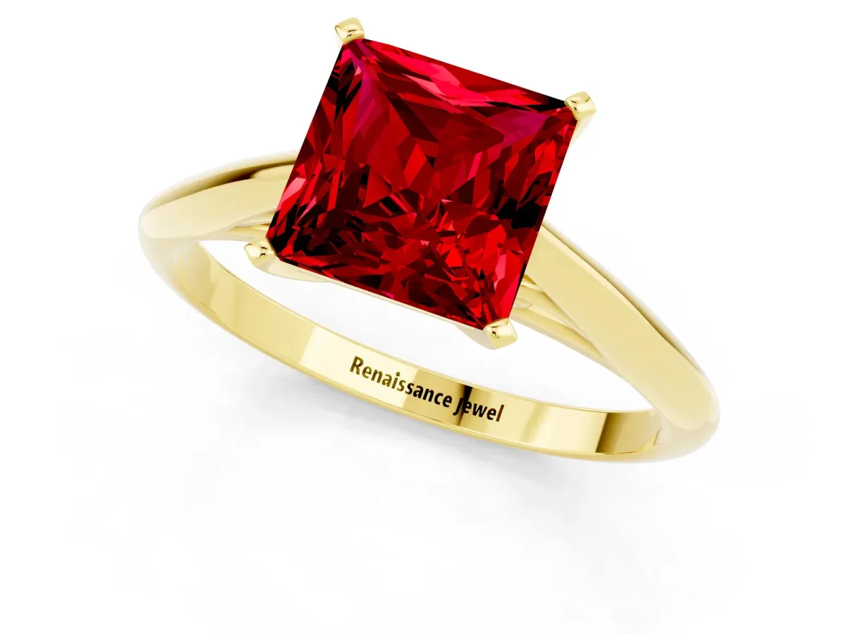 Princess Cut Ruby Solitaire Engagement Ring with Cathedral Setting and Four-Prong Mount Yellow gold