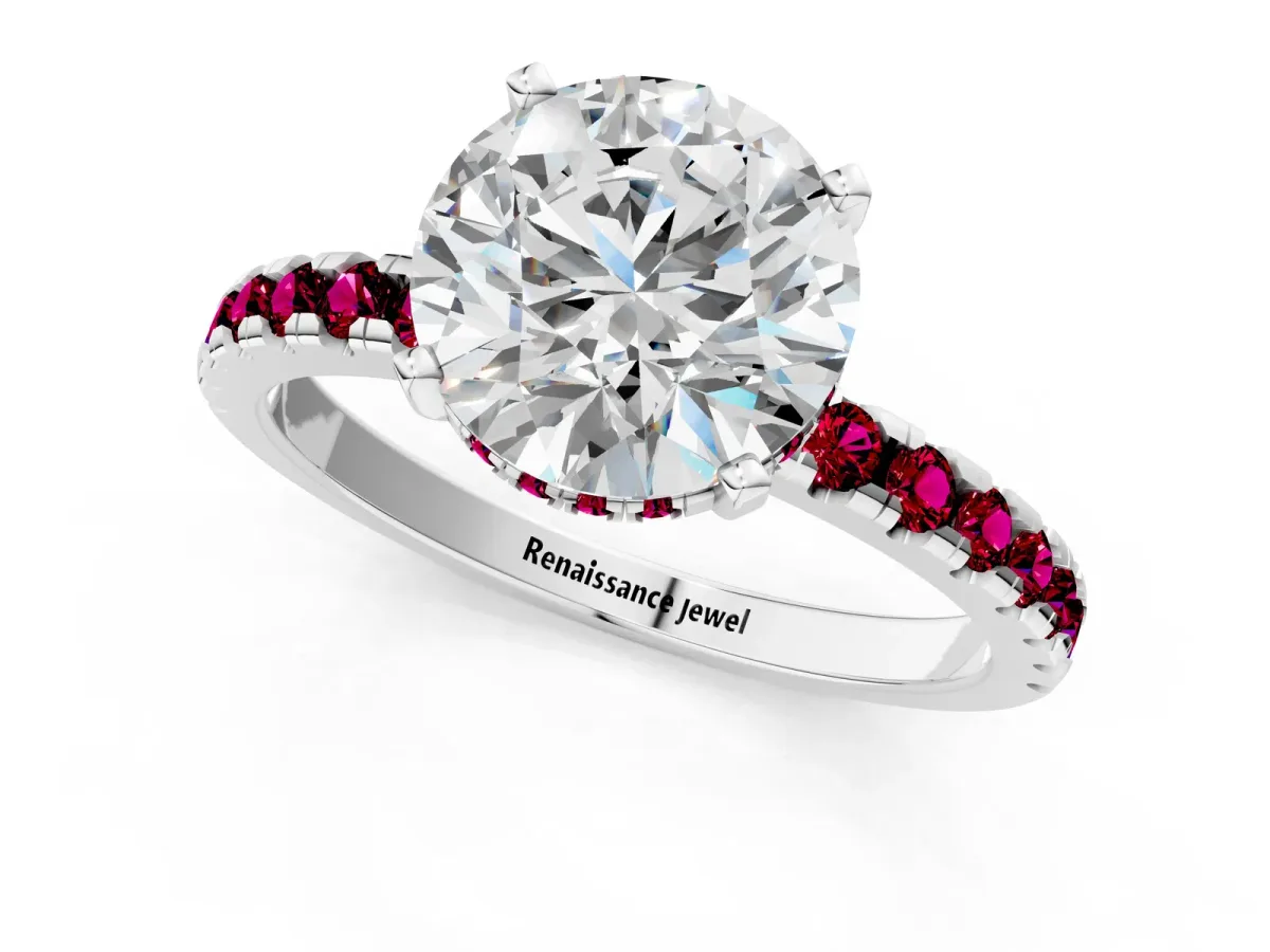 Round Cut Diamond Solitaire Ring with Round Garnet Pavé Band and Four-Prong Setting Silver