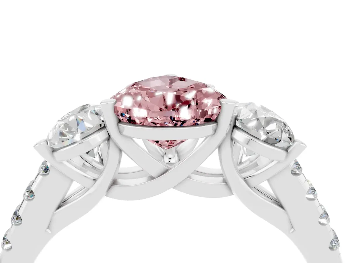 Three-Stone Pear Cut Morganite Ring with Round Pavé Band and Prong Setting Silver