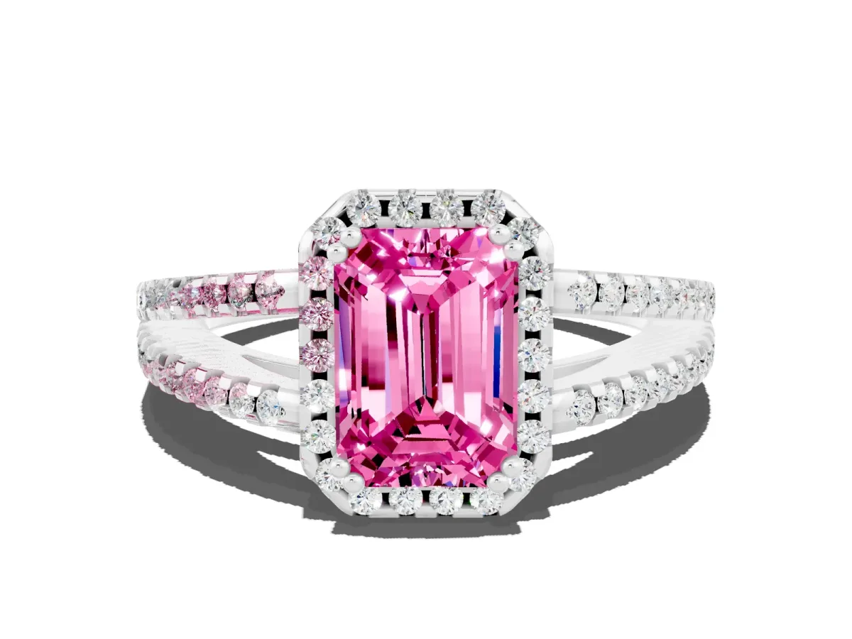 Emerald Cut Pink Sapphire Halo Split Shank Engagement Ring Platinum