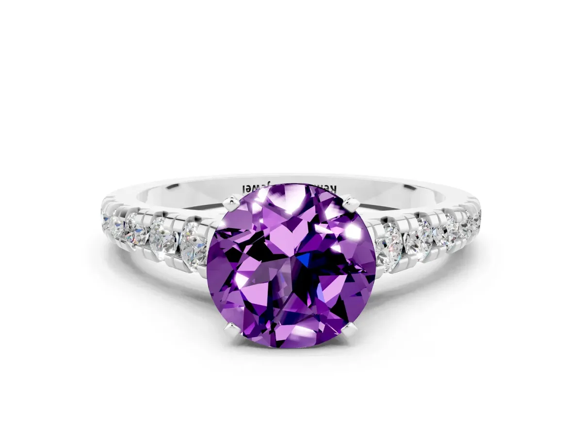 Round Cut Amethyst Cathedral Solitaire Ring with Round Pavé Band Silver