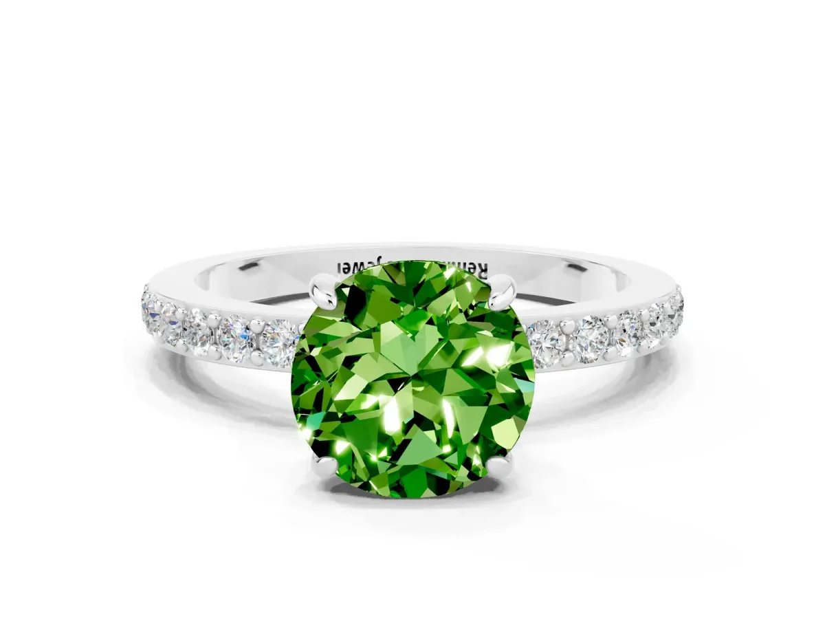 Round Cut Peridot Solitaire Engagement Ring with Pavé Band and Four-Prong Setting Silver