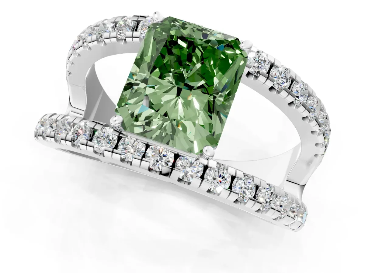 Fancy Green Radiant Cut Solitaire Split Shank Pave Diamond Ring Platinum