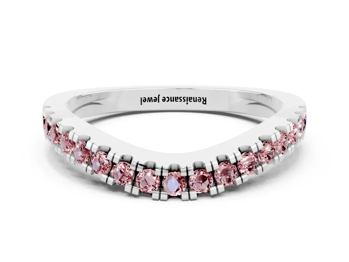 Round Morganite Pavé Curved Band with Shared Prong Setting Silver