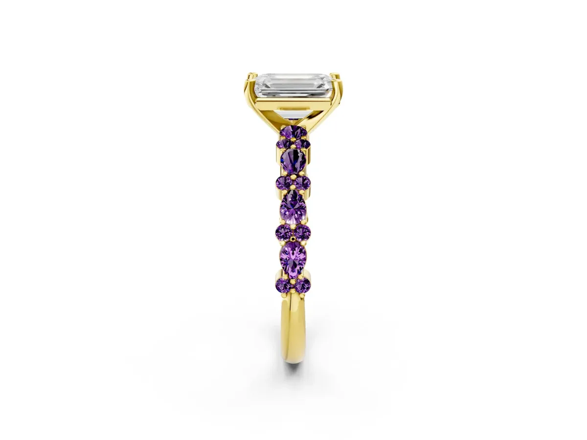 Emerald Cut Diamond Side Stone Solitaire Ring with Round Amethyst and Four-Prong Setting Yellow gold