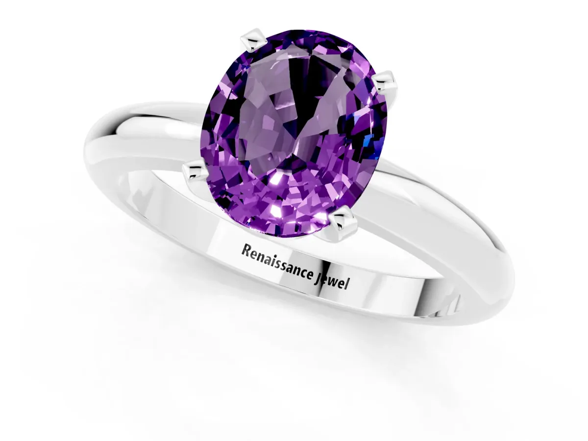 Oval Cut Amethyst Solitaire Engagement Ring with Round Band and Four-Prong Setting Silver