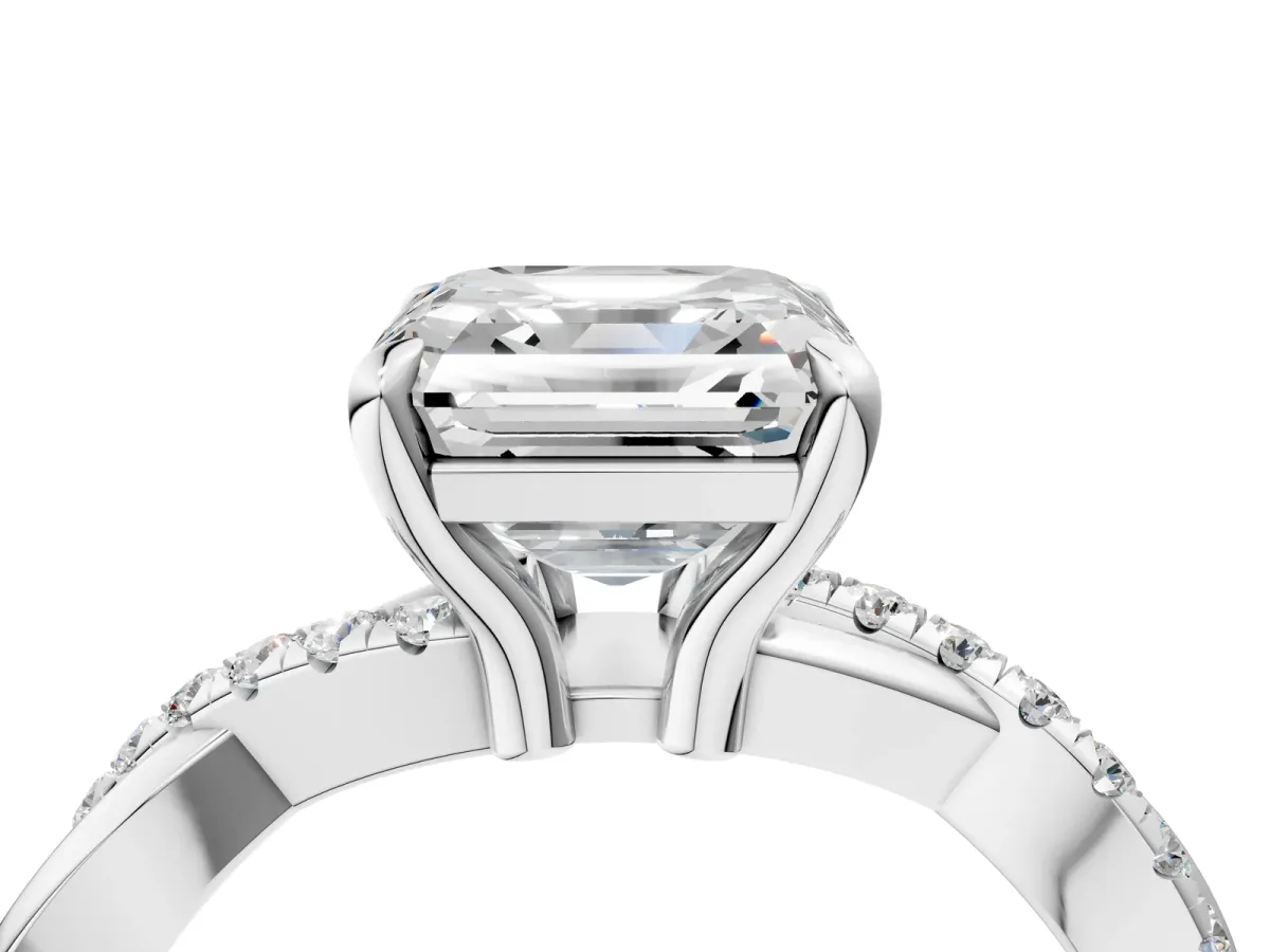 Asscher Cut Cut Twist Band Solitaire Diamond Ring with Pavé Setting Platinum
