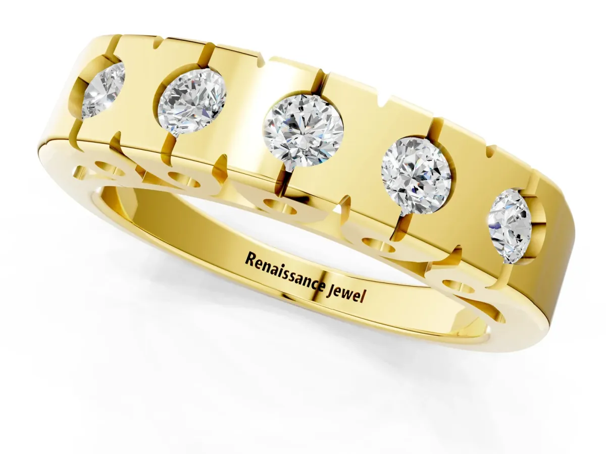 Channel Set Round Diamond Flat Band with Prong Setting Yellow gold