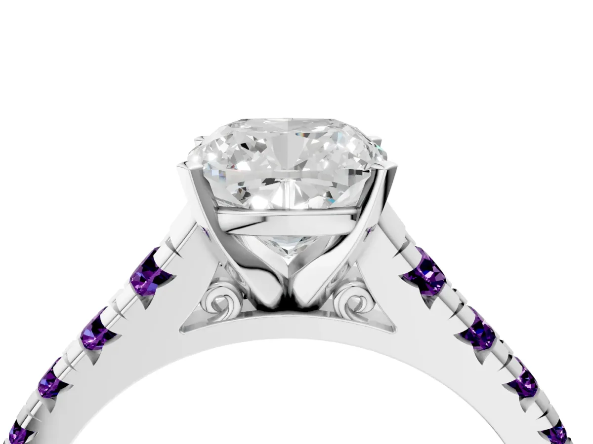 Cushion Cut Diamond Cathedral Solitaire Ring with Round Amethyst Pavé Band Silver