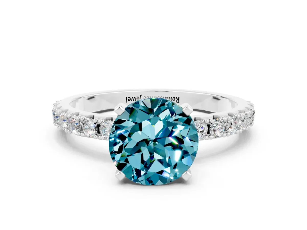 Round Cut Blue Topaz Solitaire Pavé Band with Four-Prong Setting Platinum