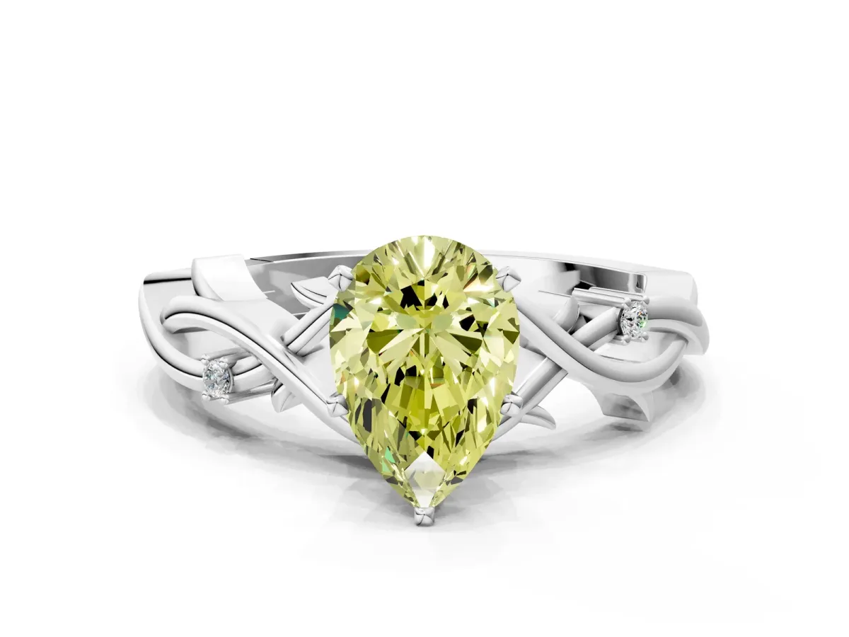 Fancy Yellow Pear Cut Diamond Solitaire Ring with Twisted Band and Prong Setting Platinum