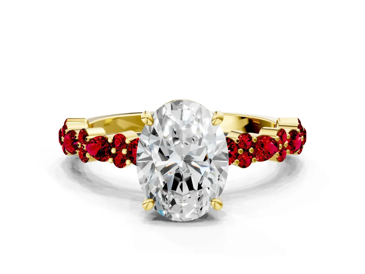 Oval Cut Diamond Side Stone Solitaire Ring with Round Ruby and Four-Prong Setting Yellow gold
