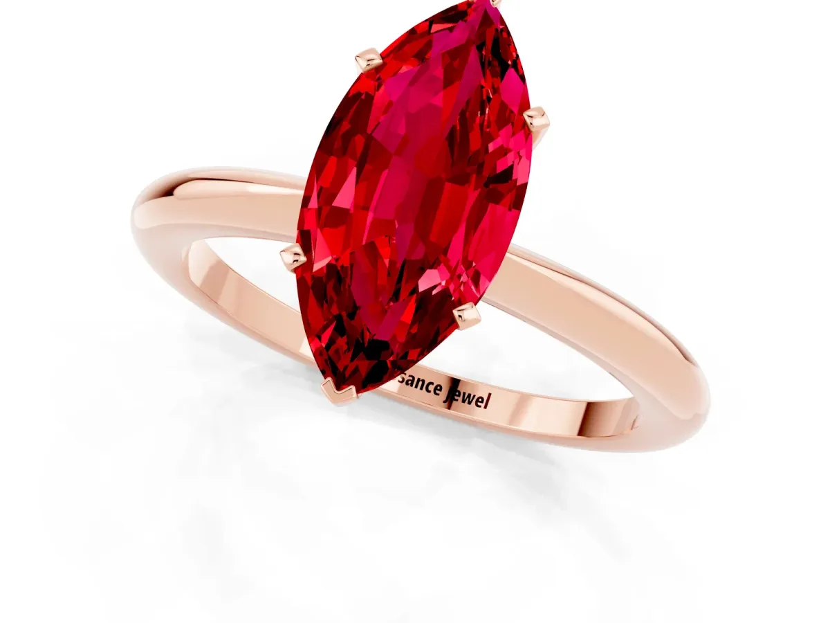 Marquise Cut Ruby Solitaire Ring with Six-Prong Setting and Classic Band Rose gold