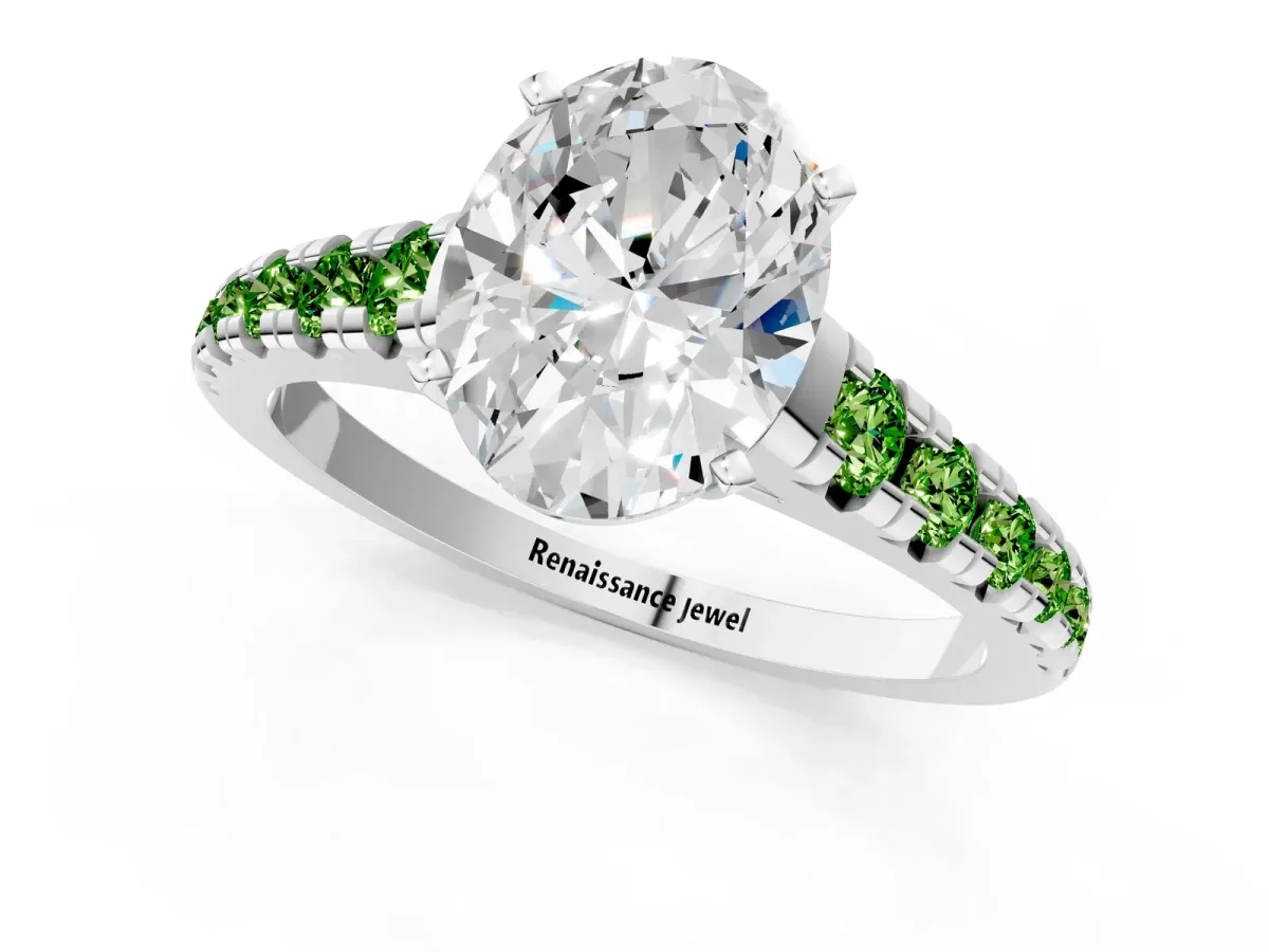 Oval Cut Diamond Cathedral Solitaire Ring with Round Peridot Pavé Band Platinum
