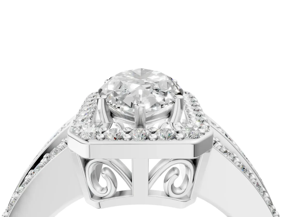 Marquise Cut Halo Diamond Ring with Round Split Shank and Prong Setting White gold