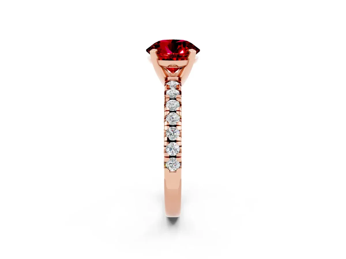 Round Cut Ruby Solitaire Pavé Engagement Ring with Round Band and Prong Setting Rose gold