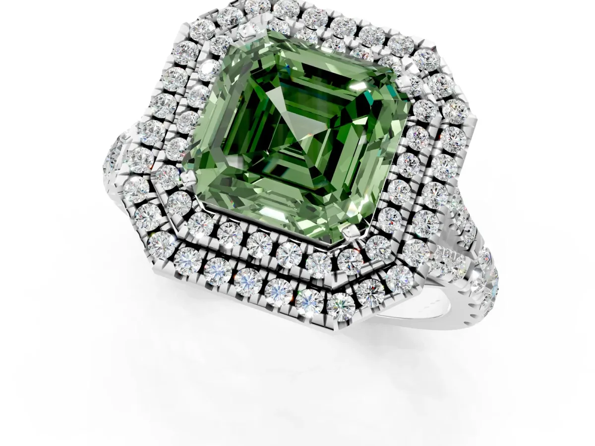 Fancy Green Asscher Cut Diamond Double Halo Ring with Split Shank and Prong Setting Silver