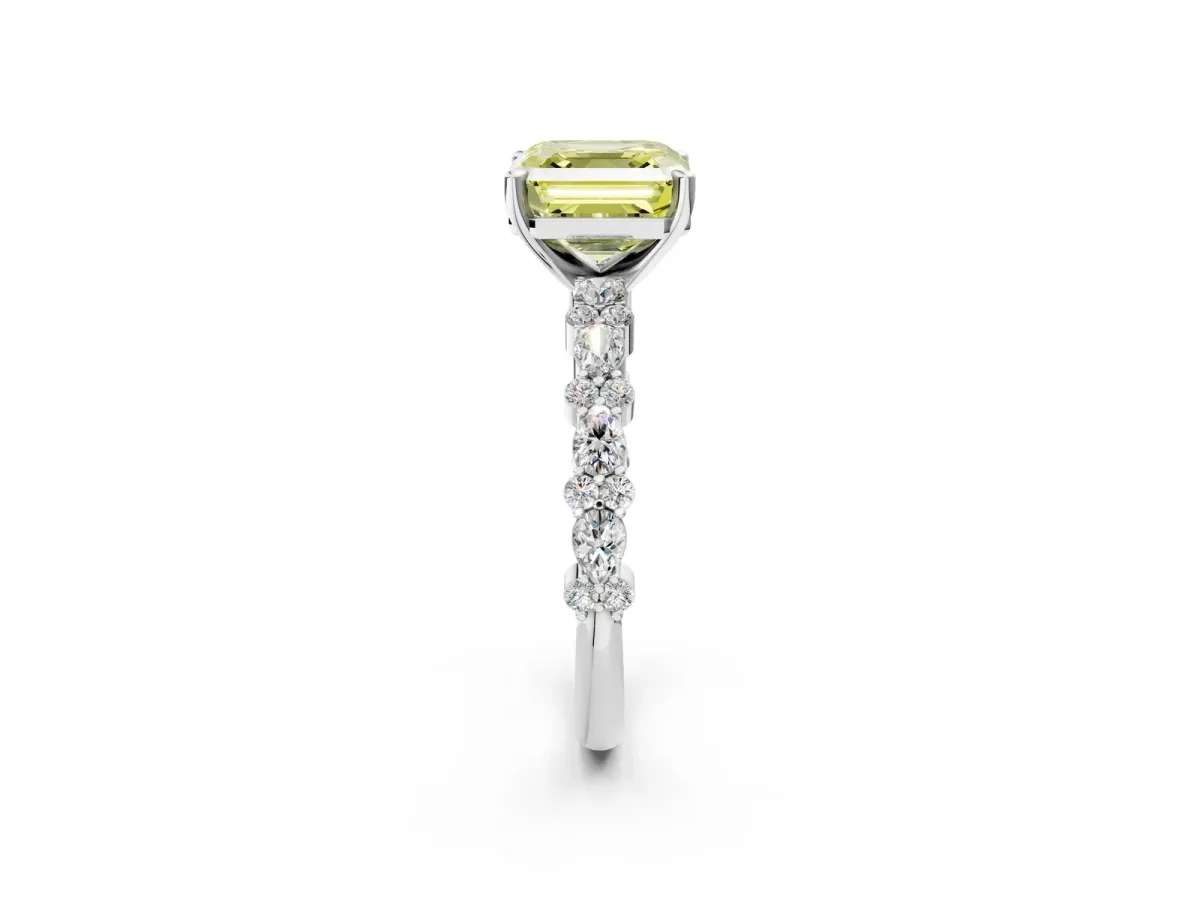 Fancy Yellow Asscher Cut Diamond Side Stone Solitaire Ring with Round and Four-Prong Setting Silver