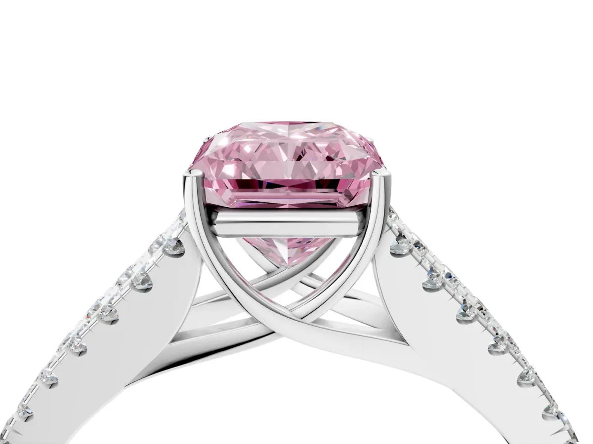 Fancy Pink Radiant Cut Diamond Split Shank Engagement Ring with Round Pavé and Prong Setting Platinum