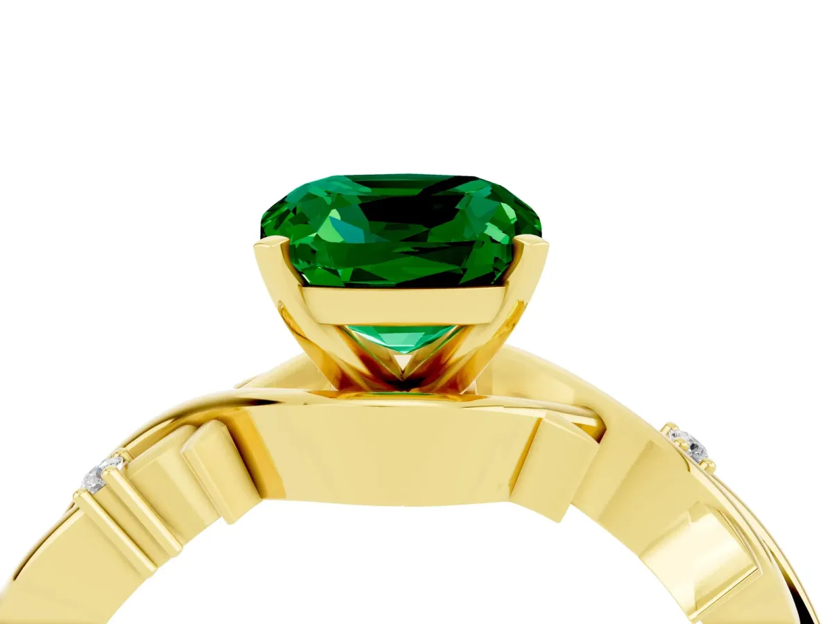 Cushion Cut Emerald Solitaire Ring with Twisted Band and Prong Setting Yellow gold