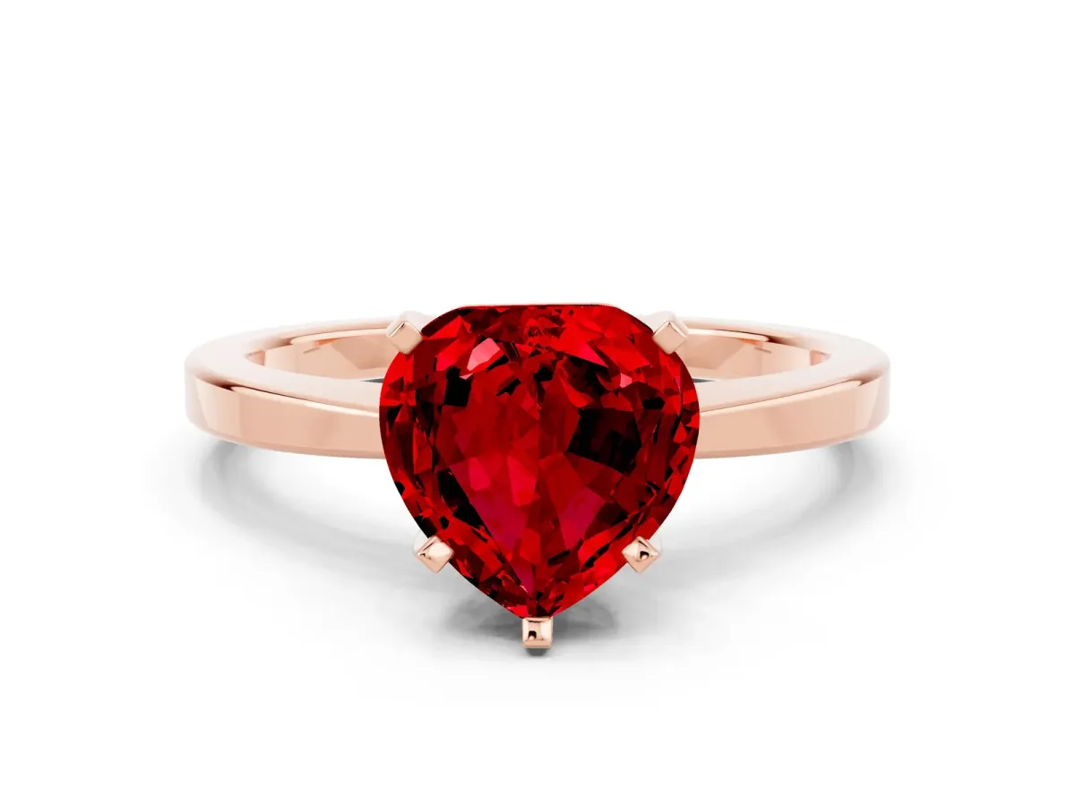 Heart Cut Ruby Solitaire Engagement Ring with Classic Band and Four-Prong Setting Rose gold