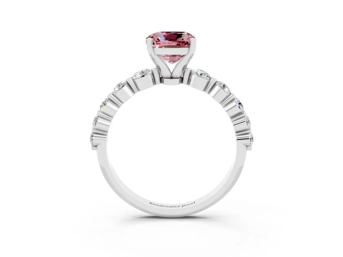 Cushion Cut Solitaire Morganite Ring with Pave Band and Four-Prong Setting Silver