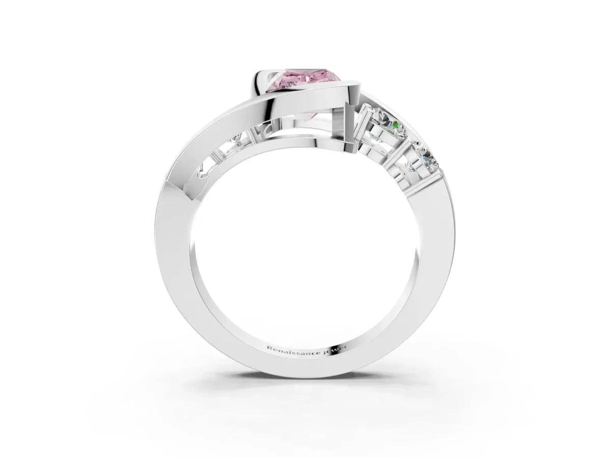 Fancy Pink Bezel Set Radiant Cut Diamond Bypass Ring with Round Accents Silver