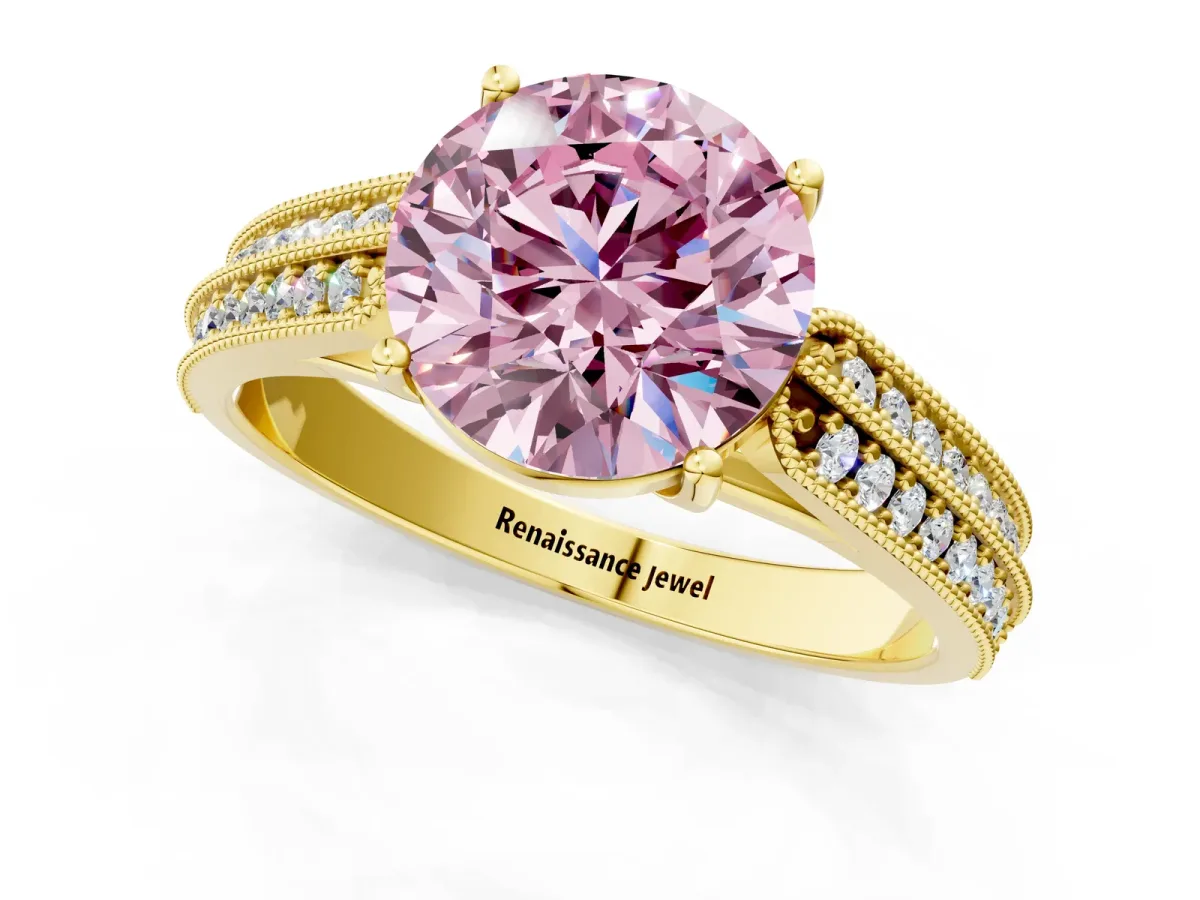 Fancy Pink Round Cut Cut Pave Split Shank Engagement Ring with Four-Prong Setting Yellow gold