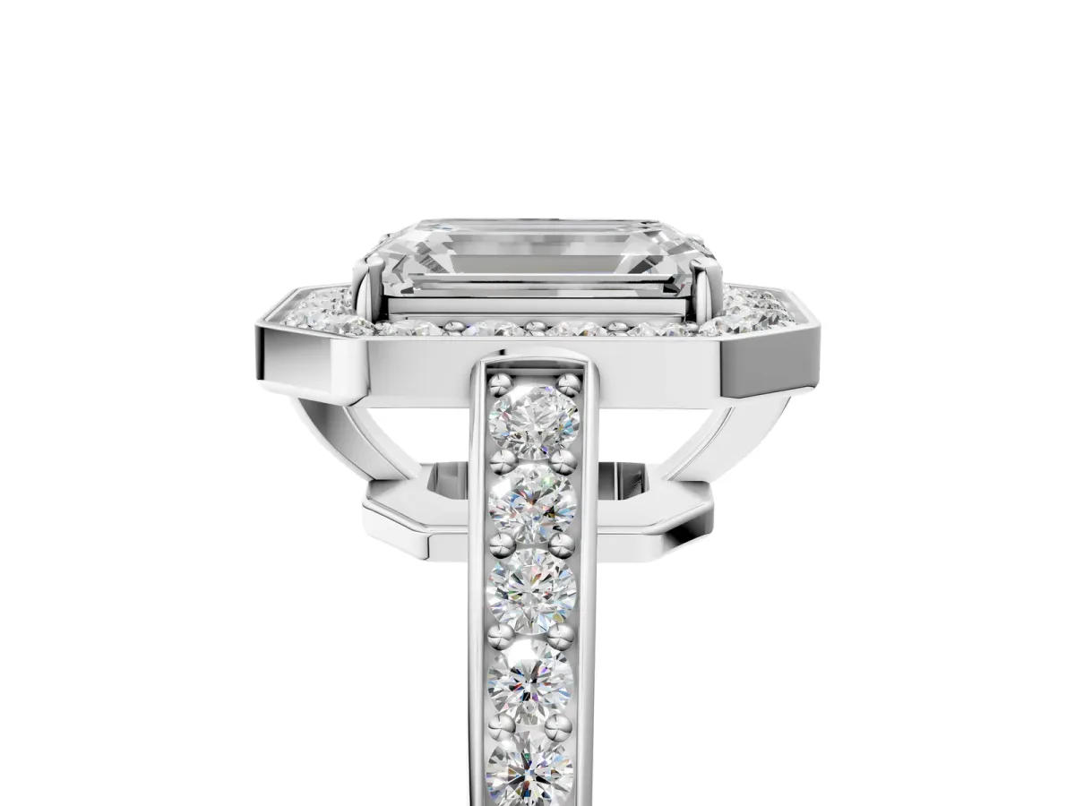 Emerald Cut Halo Pavé Diamond Engagement Ring with Bezel Setting Silver