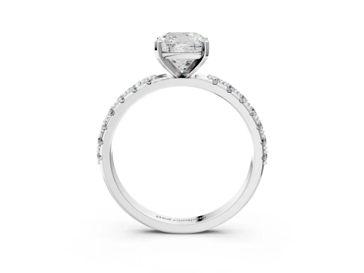 Cushion Cut Diamond Solitaire Pavé Band with Four-Prong Setting Platinum