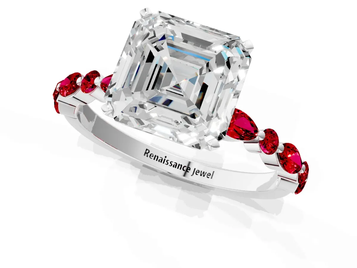 Asscher Cut Diamond Ring with Marquise and Round Ruby Side Stones and Four-Prong Setting White gold