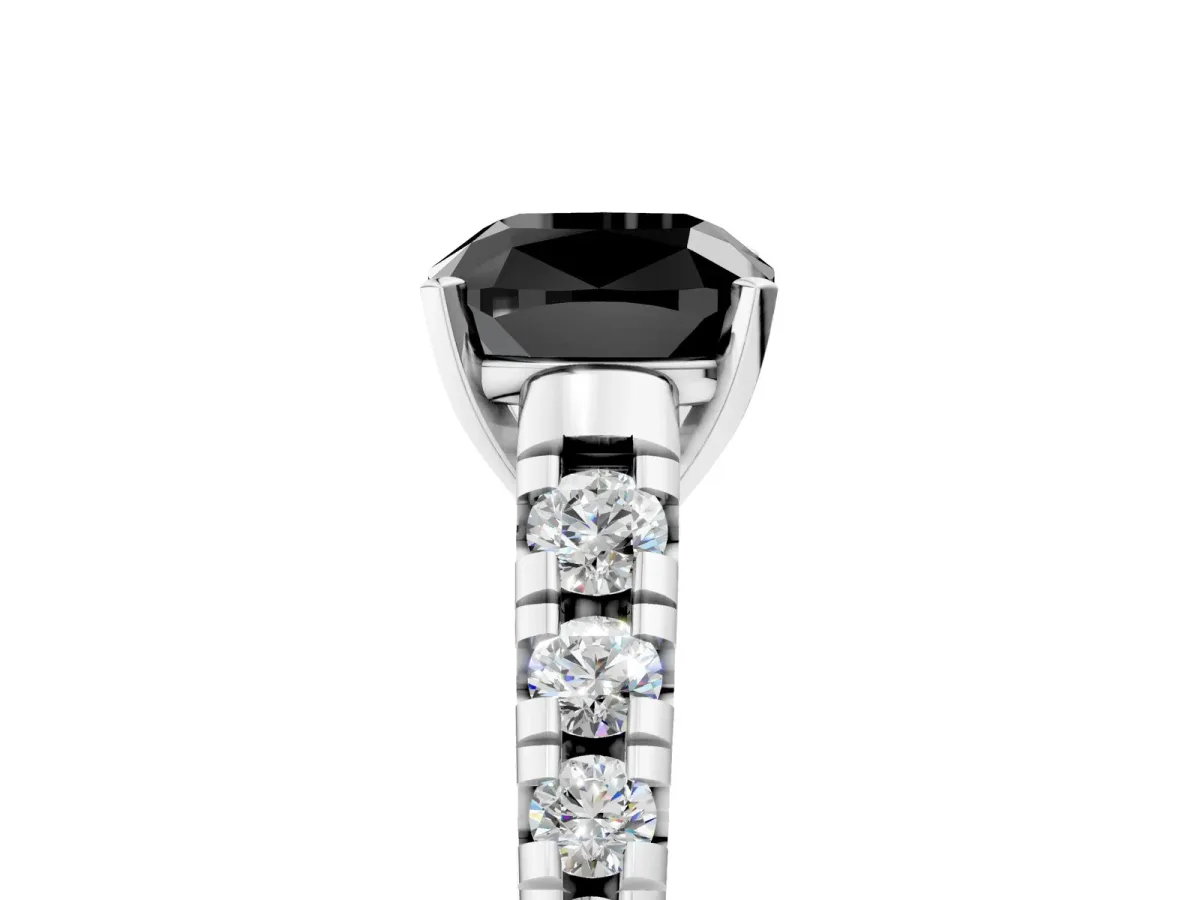 Fancy Black Cushion Cut Diamond Cathedral Solitaire Ring with Round Pavé Band Silver