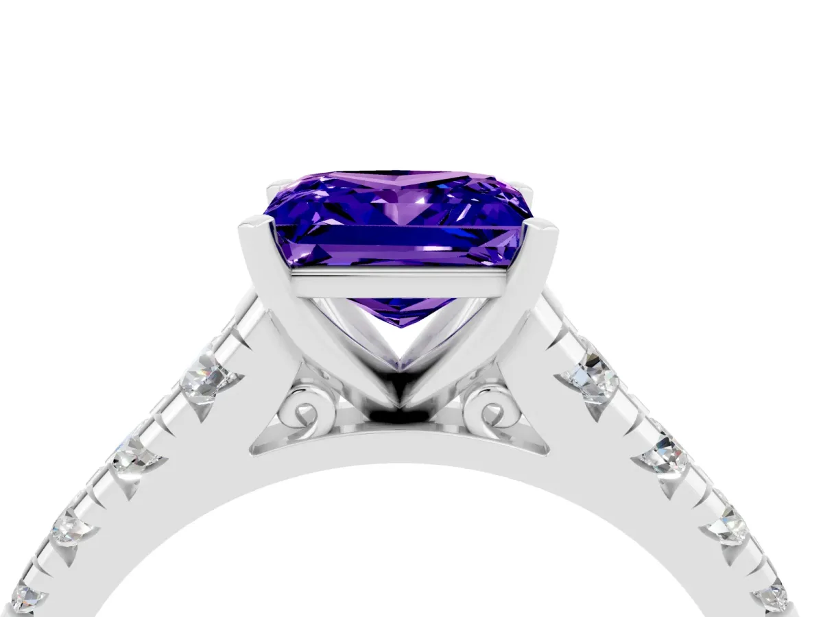 Princess Cut Tanzanite Cathedral Solitaire Ring with Round Pavé Band Silver