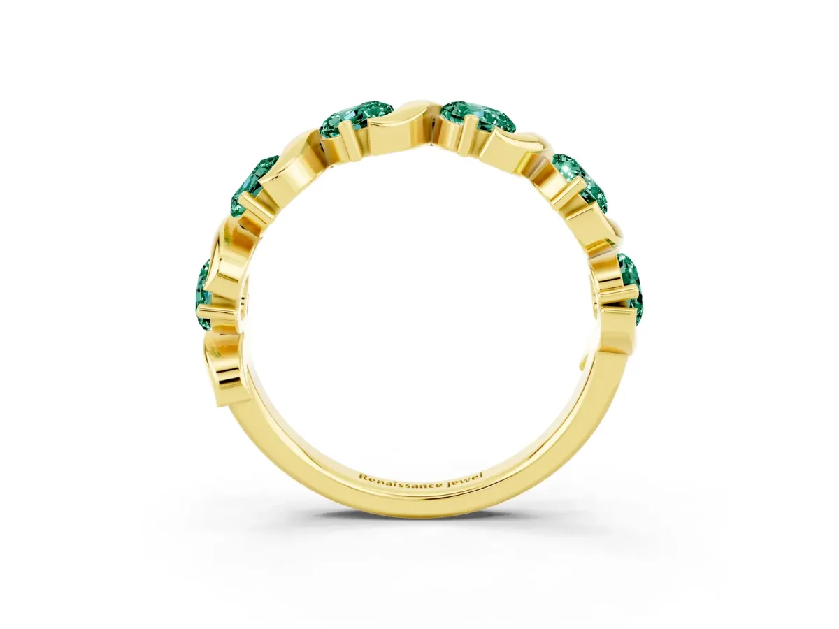 Six-Stone Round Green Sapphire Wave Band with Shared Prong Setting Yellow gold