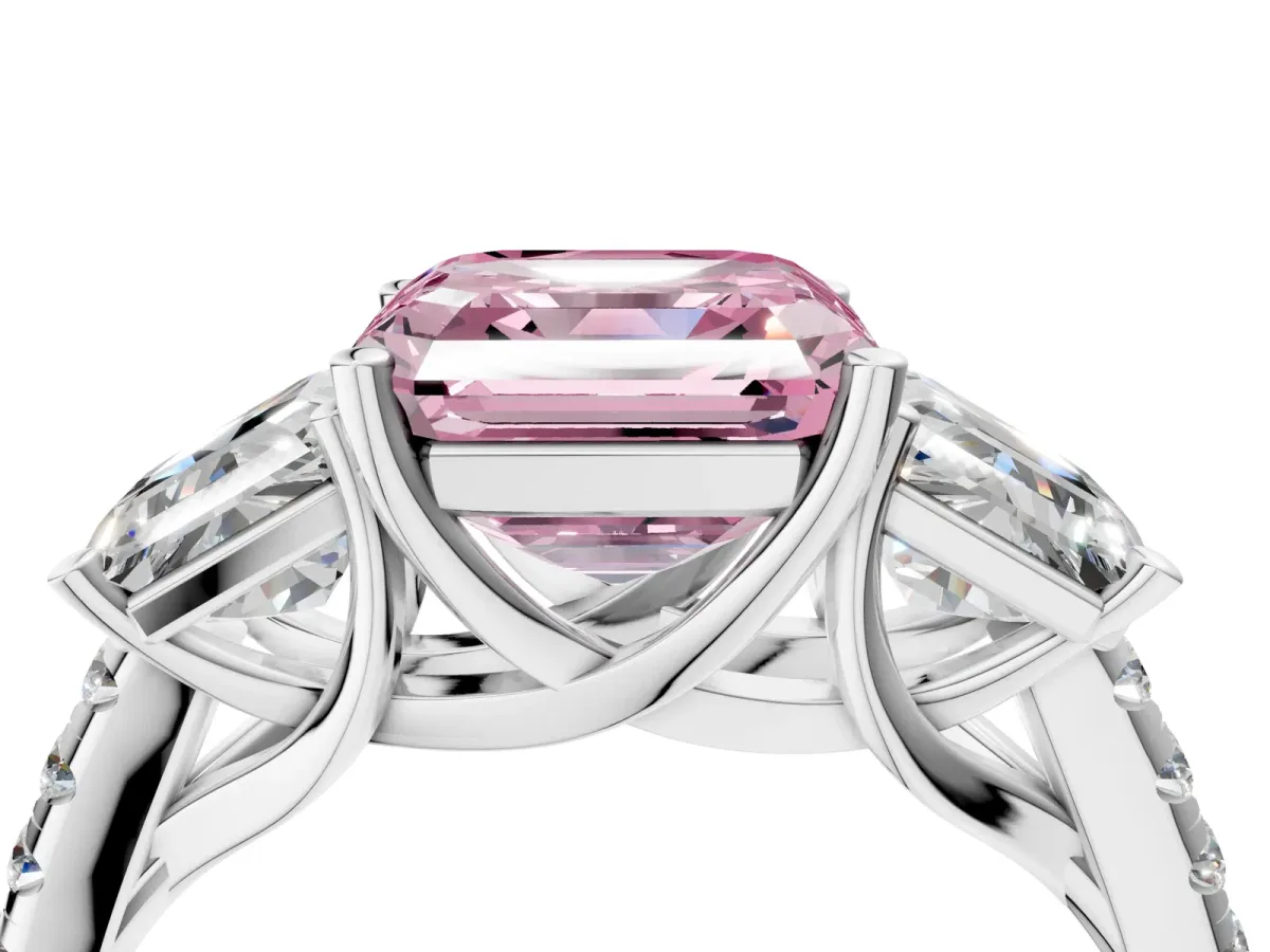Fancy Pink Three-Stone Asscher Cut Diamond Ring with Round Pavé Band and Prong Setting Silver