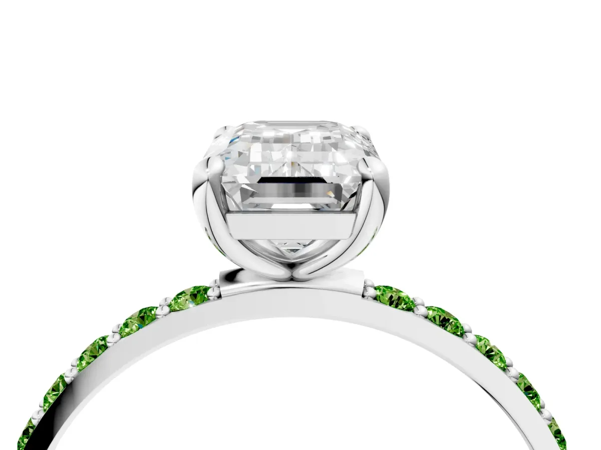 Emerald Cut Diamond Solitaire Ring with Round Peridot Pavé Band and Prong Setting Silver