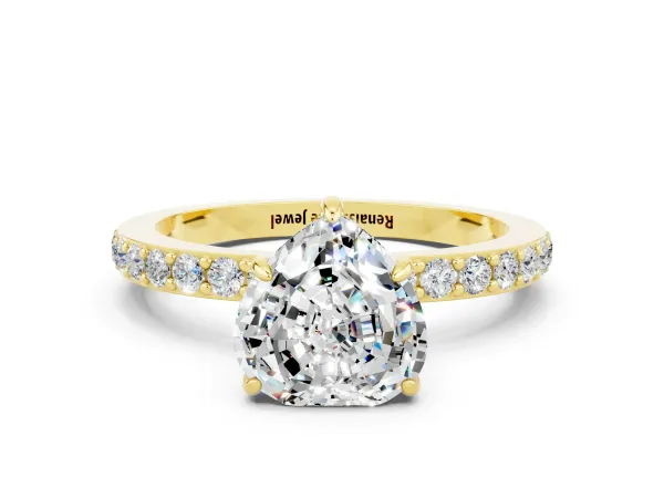 Heart Cut Moissanite Solitaire Engagement Ring with Pavé Band and Four-Prong Setting Yellow gold