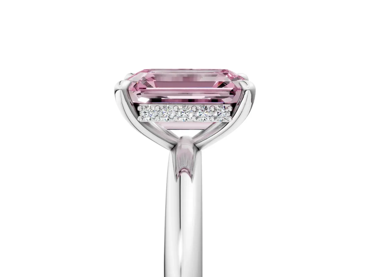 Fancy Pink Emerald Cut Diamond Solitaire Ring with Thin Band and Four-Prong Setting Platinum