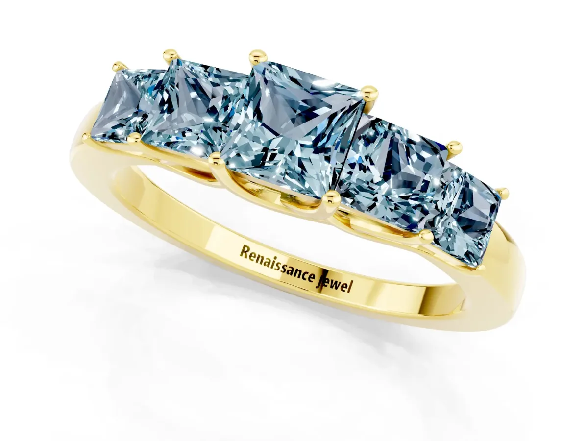 Princess Cut Five-Stone Aquamarine Ring with Classic Prong Setting Yellow gold
