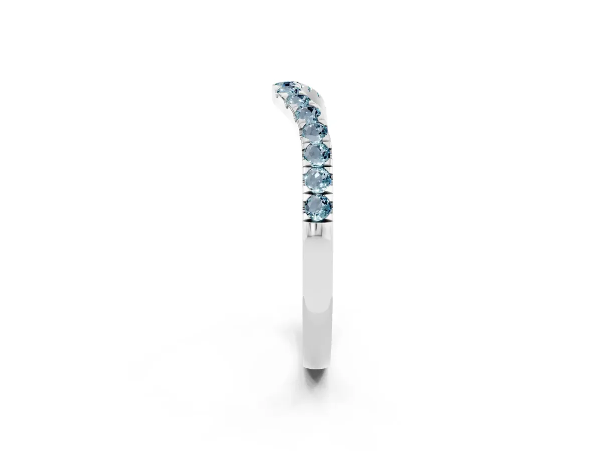 Curved Pavé Round Aquamarine Wedding Band with Shared Prong Setting Silver