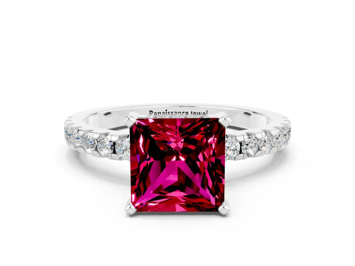 Princess Cut Garnet Solitaire Ring with Round Pavé Band and Four-Prong Setting Silver