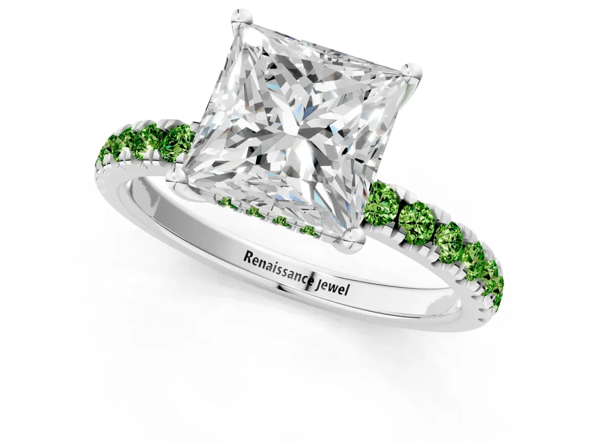 Princess Cut Diamond Pave Band Solitaire Ring with Round Peridot and Prong Setting Silver