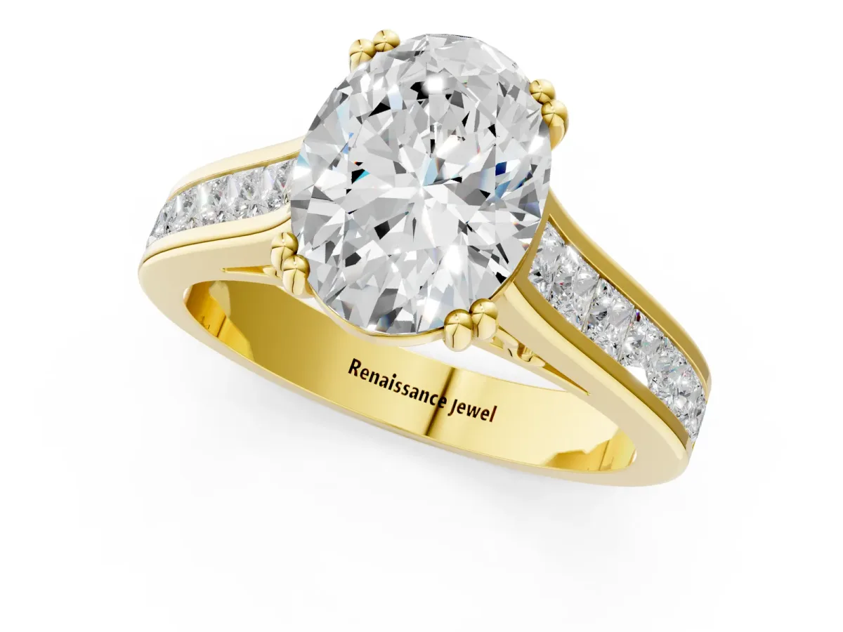 Oval Cut Cut Channel Set Solitaire Engagement Ring with Prong Setting Yellow gold