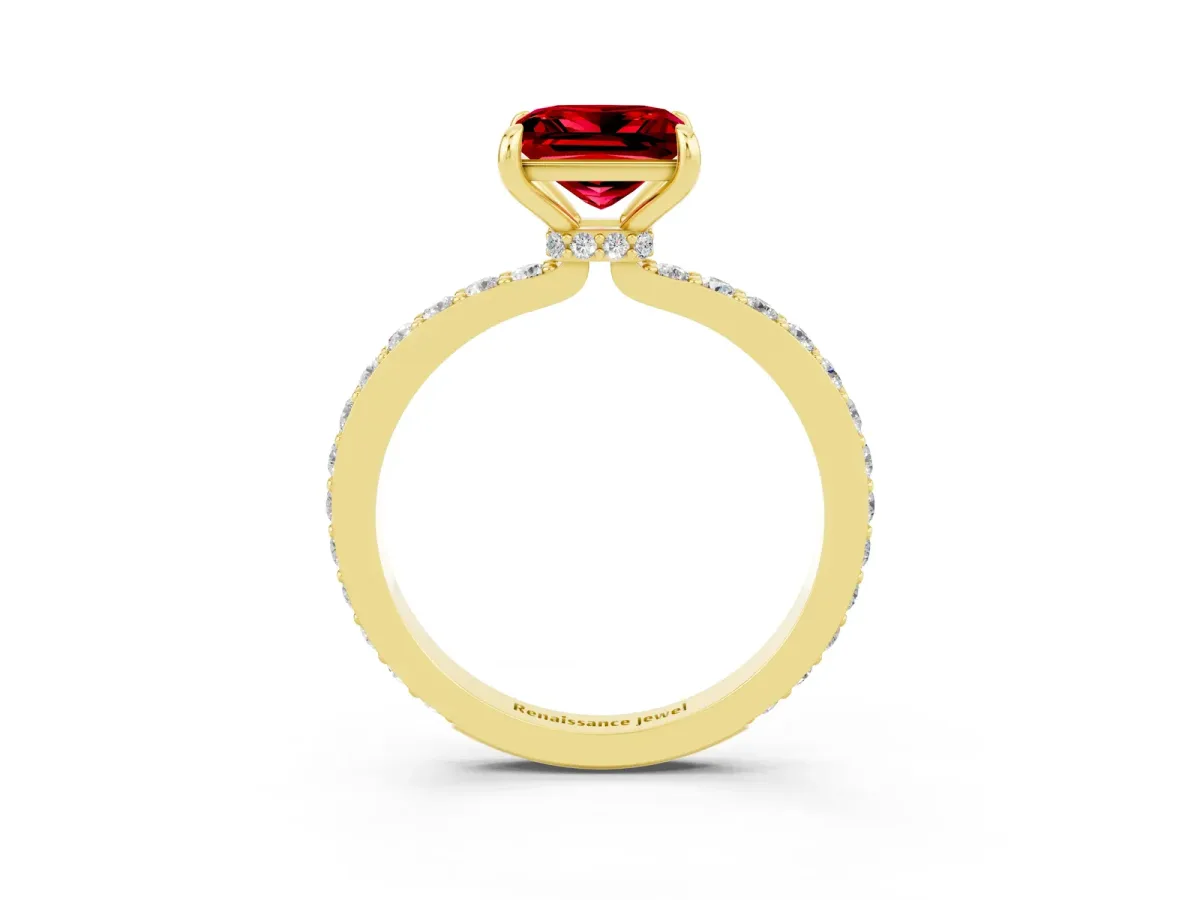 Princess Cut Ruby Solitaire Engagement Ring with Pavé Band and Four-Prong Setting Yellow gold